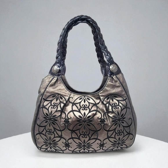 Brighton Masterpiece Florencia Leather Pewter Embroidered Large Shoulder Bag - Picture 1 of 16